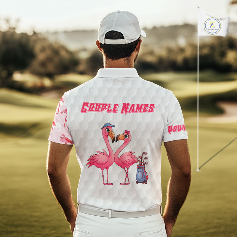 Matching Golf Polo Shirts For Couples, Custom Pink & White Glitter Flamingo Valentine Golf Outfits