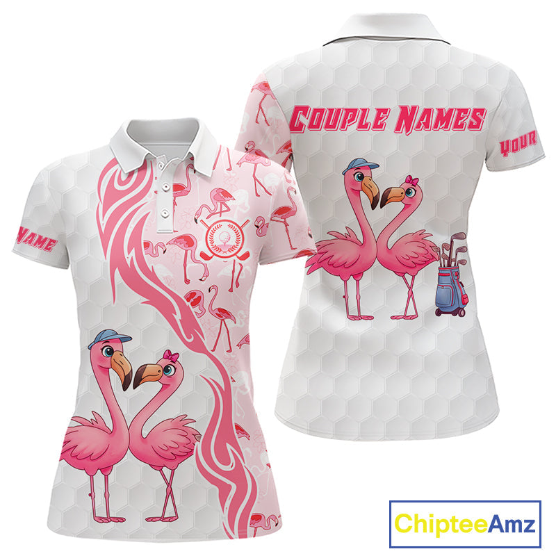 Matching Golf Polo Shirts For Couples, Custom Pink & White Glitter Flamingo Valentine Golf Outfits