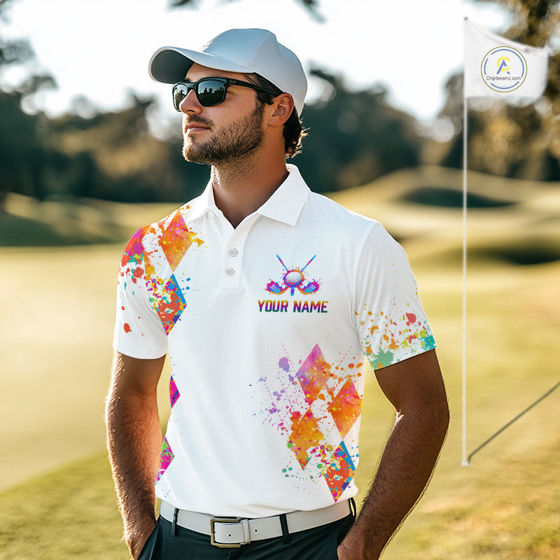 Watercolor Argyle Pattern Golf Polo Shirts Custom White Golf Clubs Golf Shirts Golf Gifts