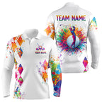 Watercolor Argyle Pattern Long Sleeve Golf Polo Shirt Custom White Golf Clubs Golf Shirts