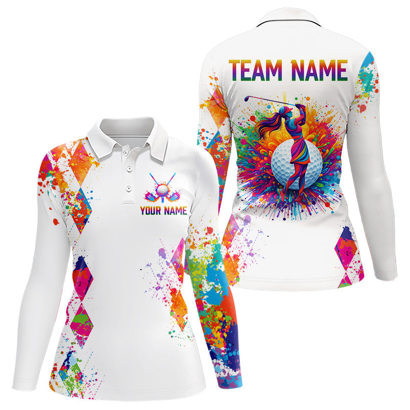 Watercolor Argyle Pattern Long Sleeve Golf Polo Shirt Custom White Golf Clubs Golf Shirts