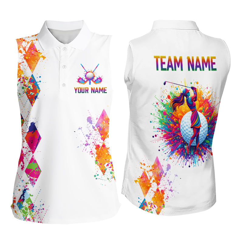 Watercolor Argyle Pattern Sleeveless Golf Polo Shirt Custom White Golf Clubs Golf Shirts
