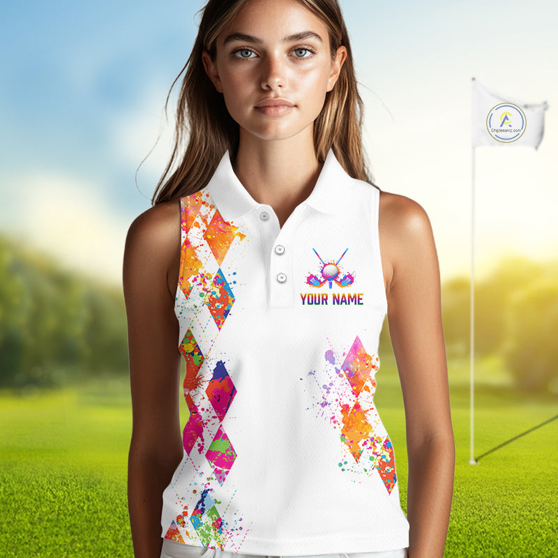 Watercolor Argyle Pattern Sleeveless Golf Polo Shirt Custom White Golf Clubs Golf Shirts