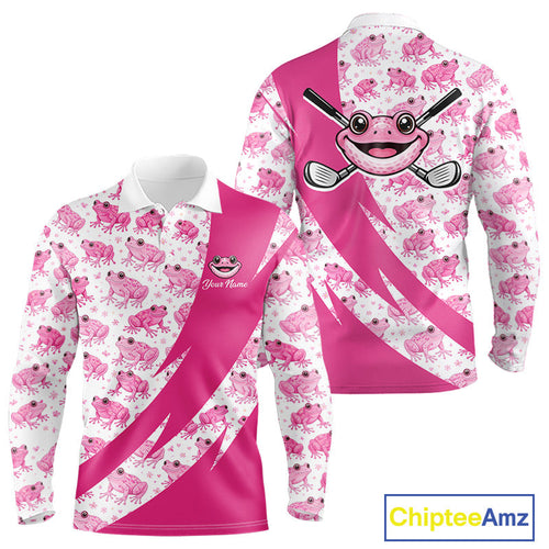 Funny Long Sleeve Golf Polo Shirt Custom Pink Frog Pattern Golf Attire Golfer Gifts