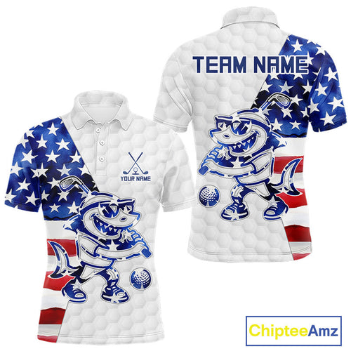 Funny Golf Polo Shirt Patriotic American Flag Custom Name Shark Playing Golf Shirt Funny Golf Apparel