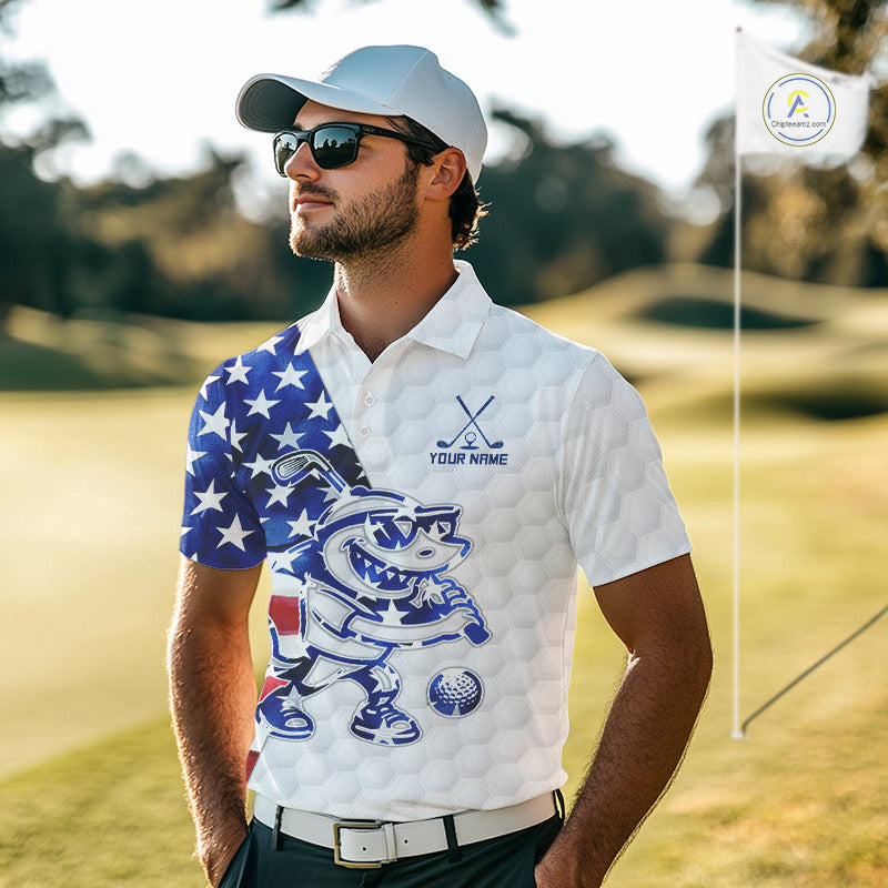 Funny Golf Polo Shirt Patriotic American Flag Custom Name Shark Playing Golf Shirt Funny Golf Apparel