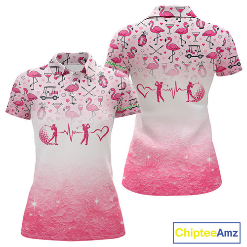 Pink Flamingo Heart Theme Matching Golf Polo Shirt For Couple Custom Couple Valentines Outfit