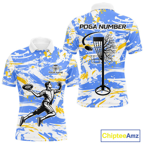 Camo Disc Golf Polo Shirt Custom Name Blue Yellow Disc Golf Basket Apparel Team Disc Golf Outfit