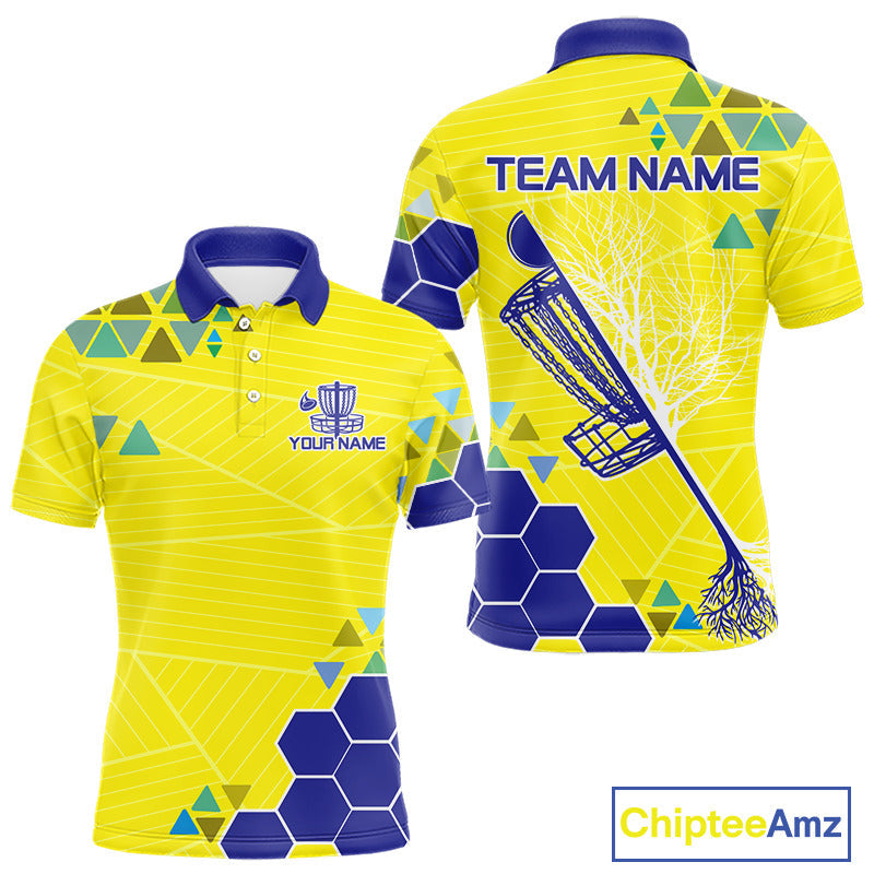 Blue And Yellow Hexagon Pattern Disc Golf Polo Shirts Custom Team Disc Golf Jerseys