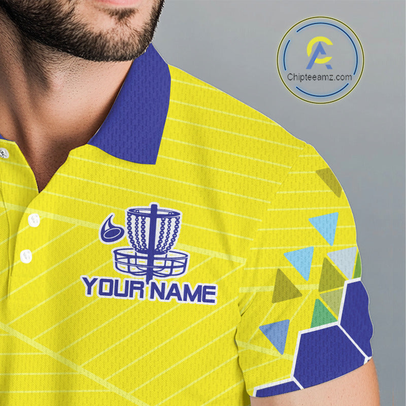 Blue And Yellow Hexagon Pattern Disc Golf Polo Shirts Custom Team Disc Golf Jerseys