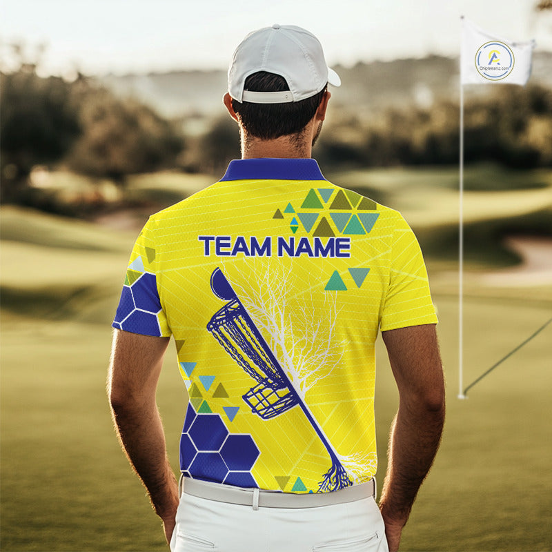 Blue And Yellow Hexagon Pattern Disc Golf Polo Shirts Custom Team Disc Golf Jerseys