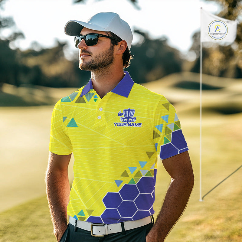 Blue And Yellow Hexagon Pattern Disc Golf Polo Shirts Custom Team Disc Golf Jerseys