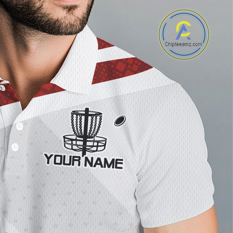 Disc Golf Polo Shirt Custom Name White And Red Disc Golf Basket Personalized Disc Golf Shirts
