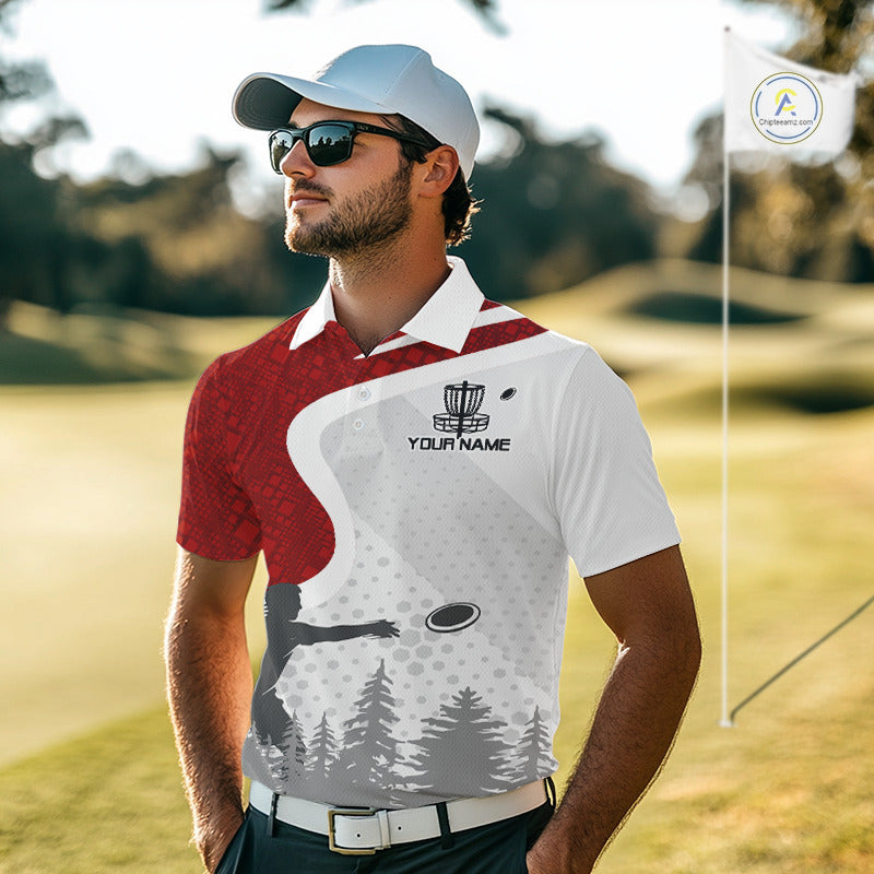 Disc Golf Polo Shirt Custom Name White And Red Disc Golf Basket Personalized Disc Golf Shirts