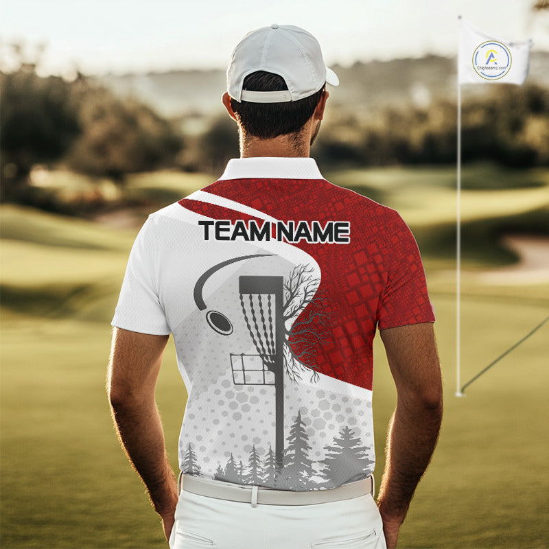 Disc Golf Polo Shirt Custom Name White And Red Disc Golf Basket Personalized Disc Golf Shirts