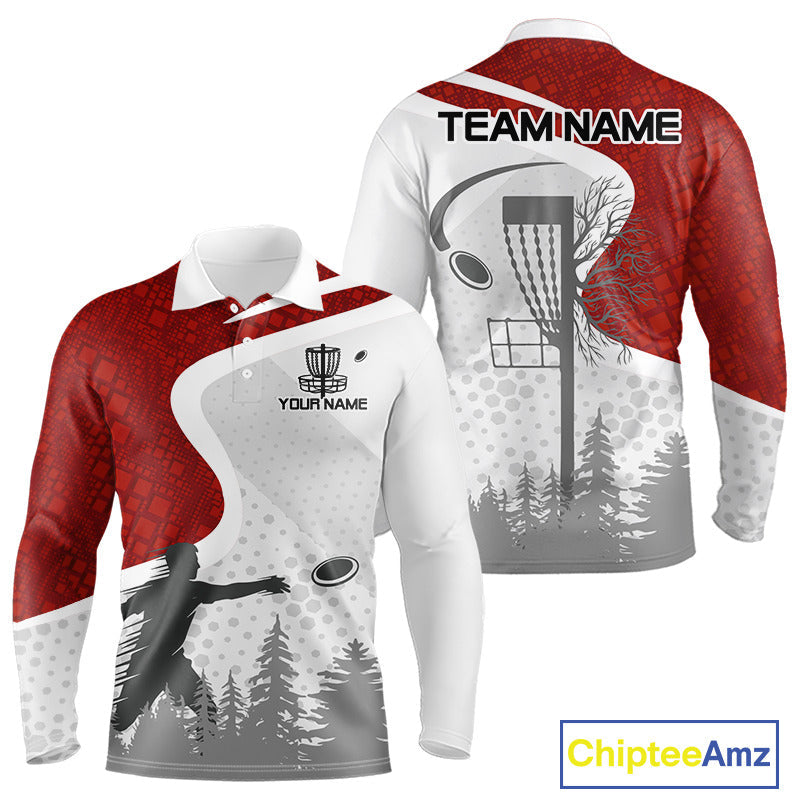 Disc Golf Polo Shirt Custom Name White And Red Disc Golf Basket Personalized Disc Golf Shirts