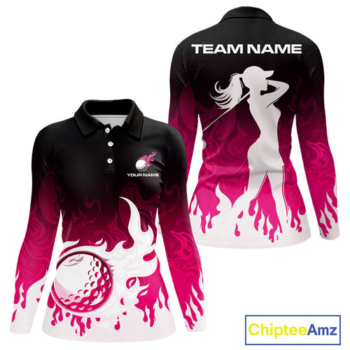 Pink Golf Polo Shirts Custom Name Pink Flame Golf Ball Long Sleeve Shirt Personalized