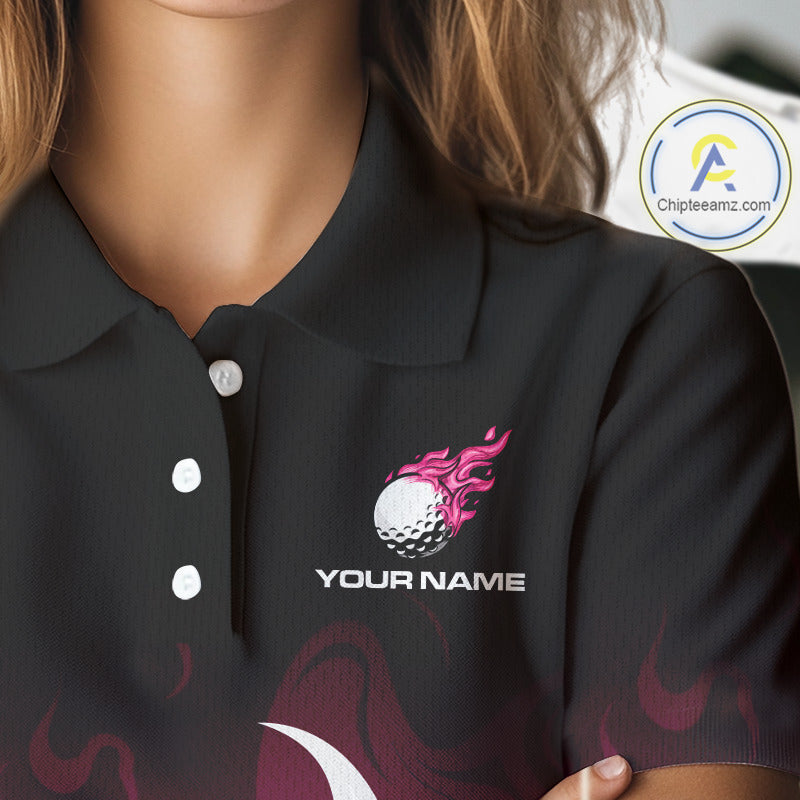 Pink Golf polo Shirts Custom Name With Pink Flame Golf Ball Shirt Personalized