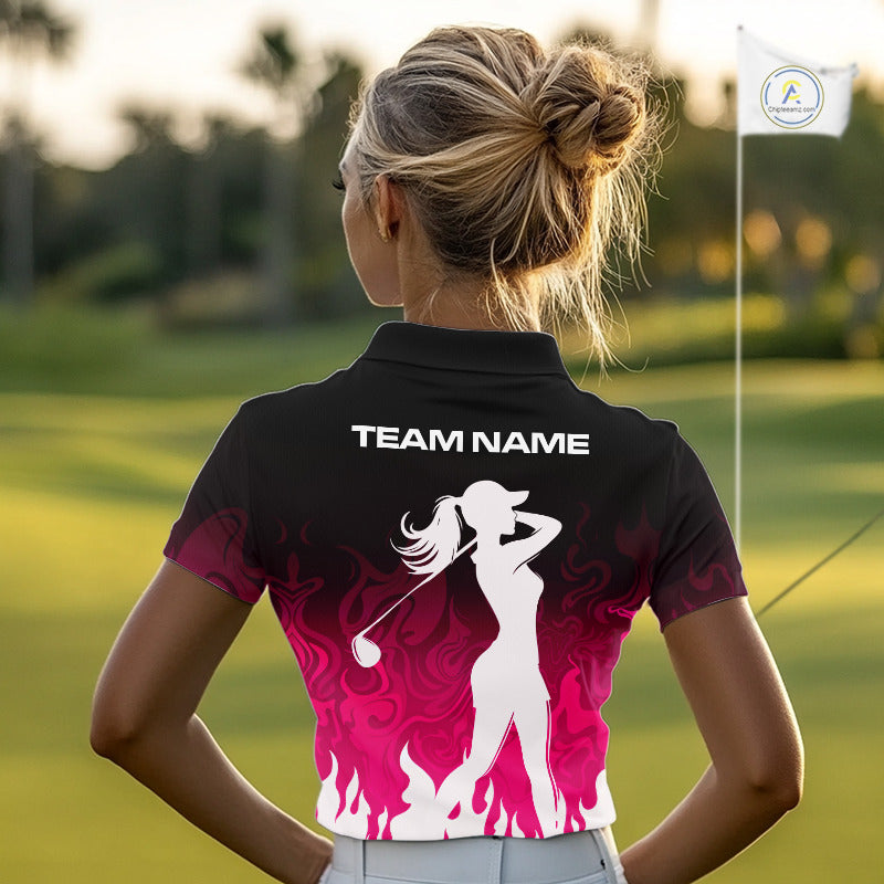Pink Golf polo Shirts Custom Name With Pink Flame Golf Ball Shirt Personalized