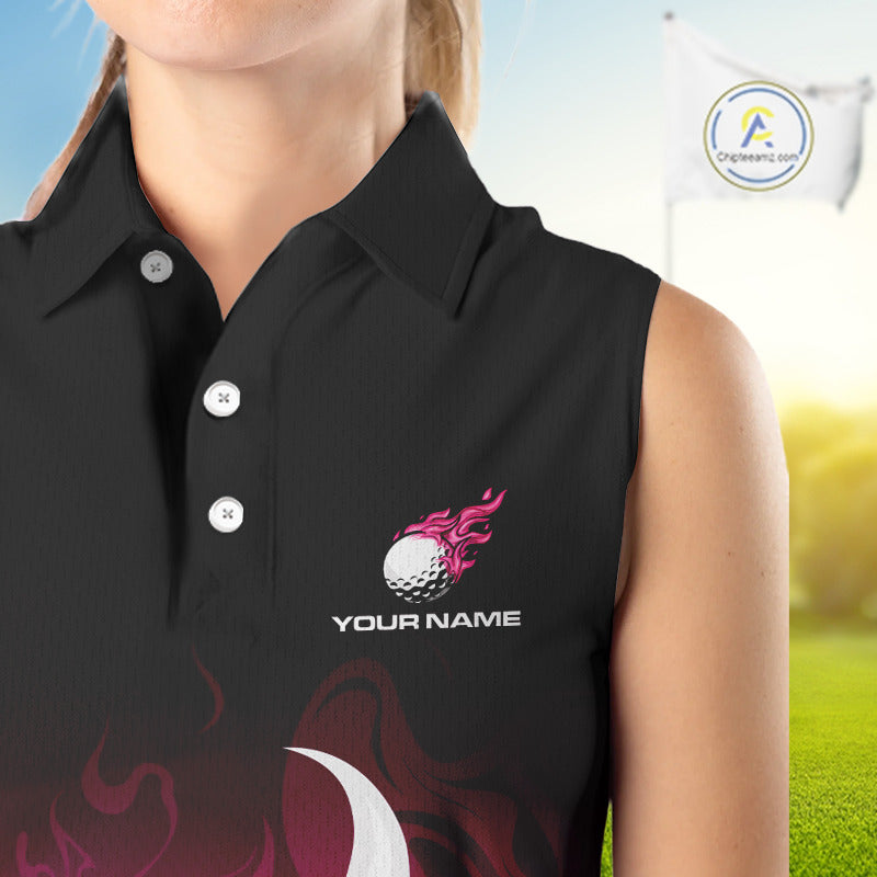 Pink Sleeveless Golf Shirts Custom Name With Pink Flame Golf Ball Shirt Personalized