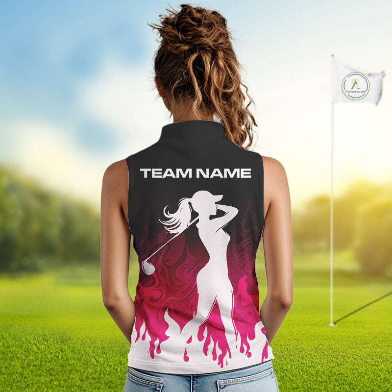 Pink Sleeveless Golf Shirts Custom Name With Pink Flame Golf Ball Shirt Personalized