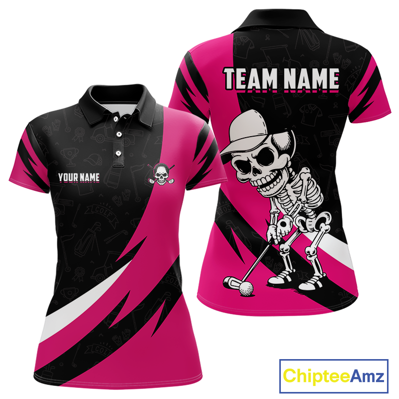 Funny Skull Golf Polo Shirt Custom Black & Pink Golf Ball Pattern Skull Playing Golf Apparel
