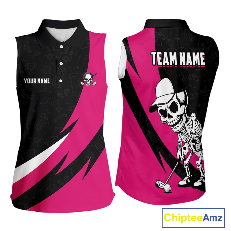 Funny Golf Sleeveless Polo Shirt Custom Pink & Black Golf Ball Skull Golf Attire