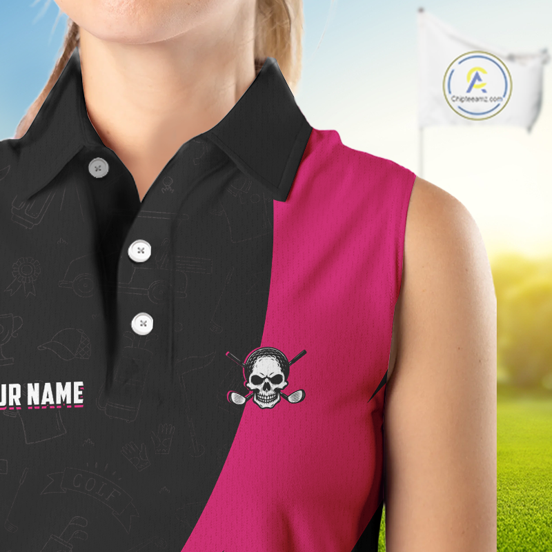 Funny Golf Sleeveless Polo Shirt Custom Pink & Black Golf Ball Skull Golf Attire