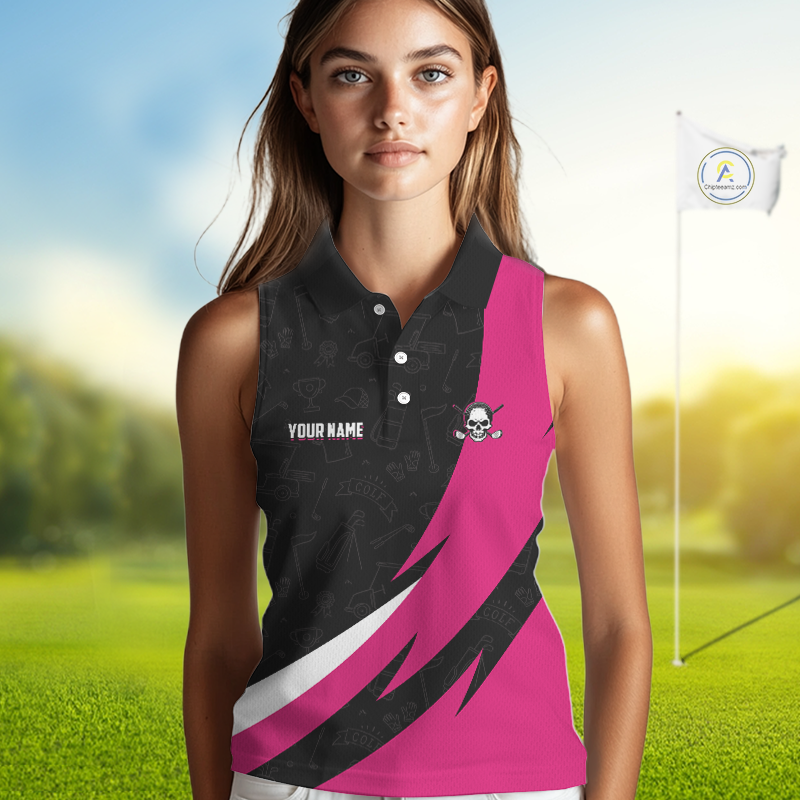 Funny Golf Sleeveless Polo Shirt Custom Pink & Black Golf Ball Skull Golf Attire