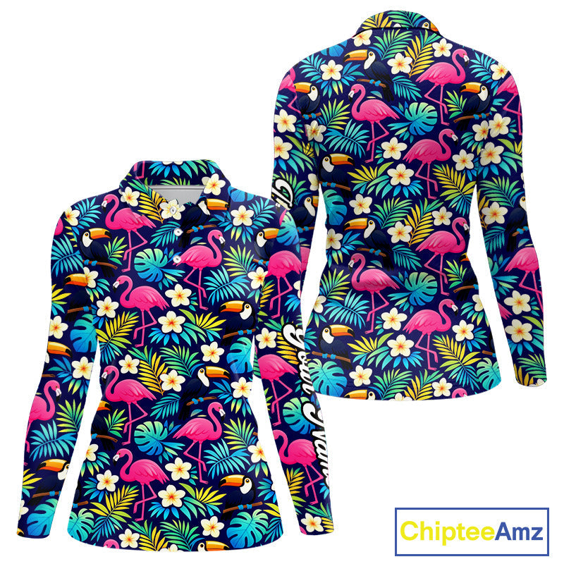 Long Sleeve Golf Polo Shirt Flamingo Floral Pattern, Custom Colorful Tropical Team Golf Shirt