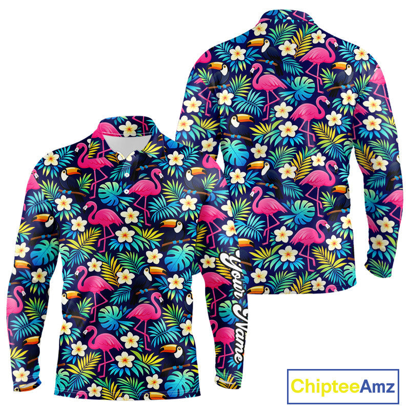 Long Sleeve Golf Polo Shirt Flamingo Floral Pattern, Colorful Tropical Leaves Custom Team Golf Shirt