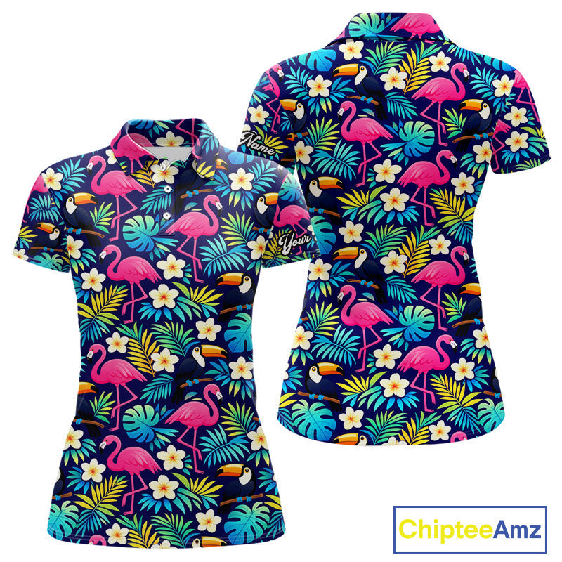 Golf Polo Shirt Flamingo Floral Pattern, Colorful Tropical Leaves Custom Team Golf Shirt