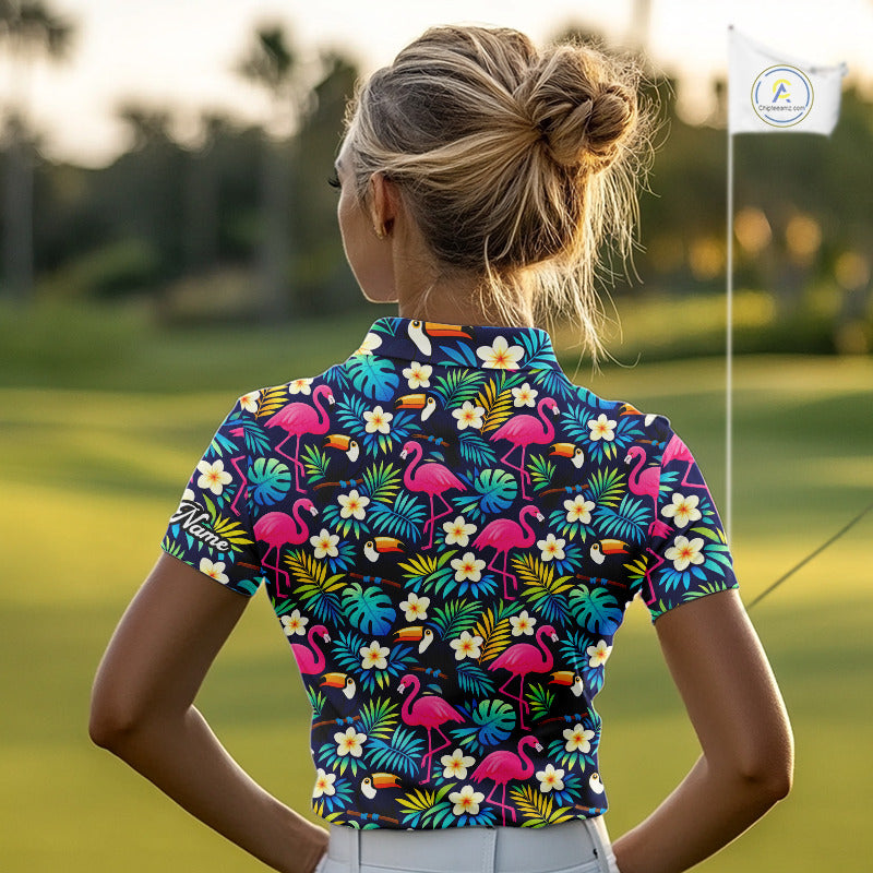 Golf Polo Shirt Flamingo Floral Pattern, Colorful Tropical Leaves Custom Team Golf Shirt