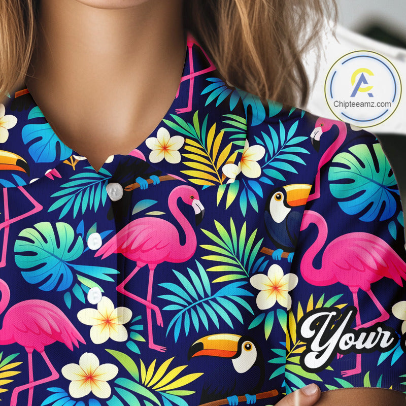Golf Polo Shirt Flamingo Floral Pattern, Colorful Tropical Leaves Custom Team Golf Shirt