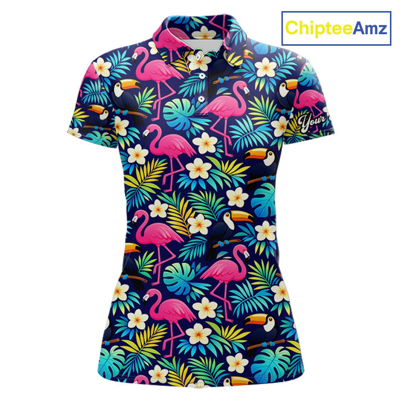 Golf Polo Shirt Flamingo Floral Pattern, Colorful Tropical Leaves Custom Team Golf Shirt