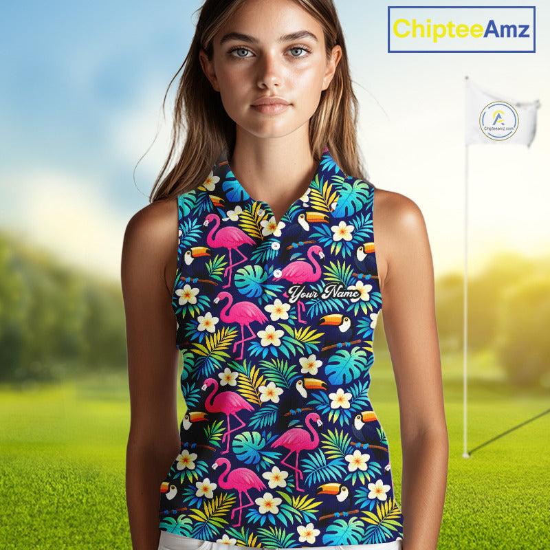 Sleeveless Golf Polo Shirt Flamingo Floral Pattern, Custom Colorful Tropical Team Golf Shirt