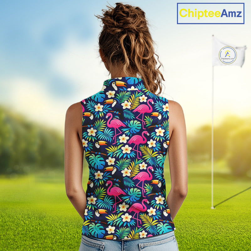 Sleeveless Golf Polo Shirt Flamingo Floral Pattern, Custom Colorful Tropical Team Golf Shirt