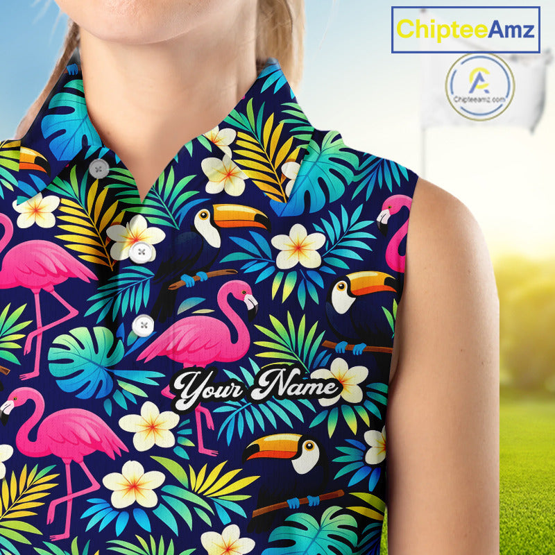 Sleeveless Golf Polo Shirt Flamingo Floral Pattern, Custom Colorful Tropical Team Golf Shirt