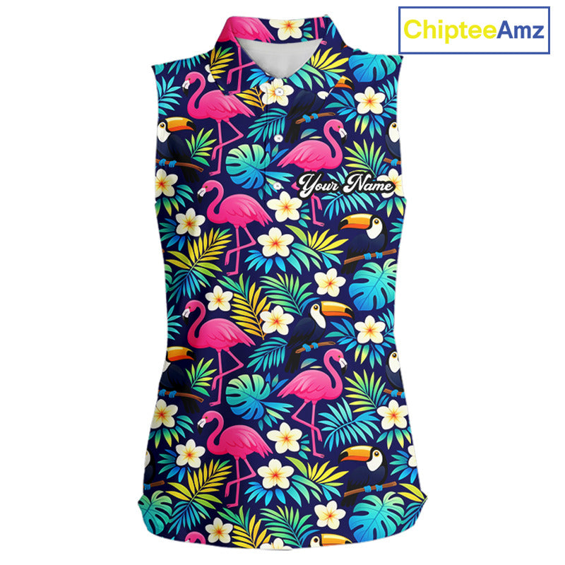 Sleeveless Golf Polo Shirt Flamingo Floral Pattern, Custom Colorful Tropical Team Golf Shirt