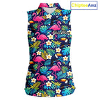 Sleeveless Golf Polo Shirt Flamingo Floral Pattern, Custom Colorful Tropical Team Golf Shirt