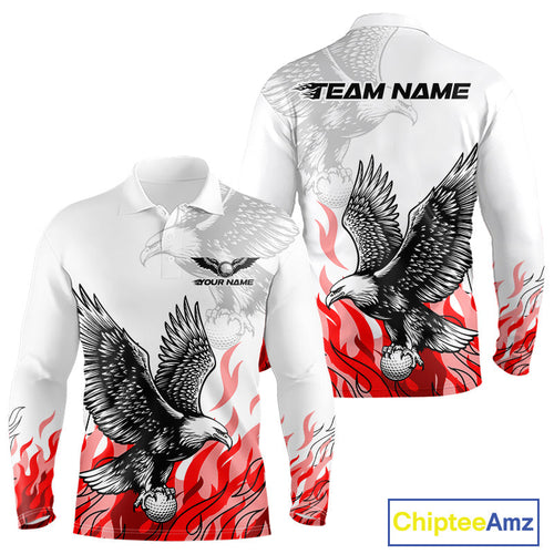 Long Sleeve Golf Polo Shirt Custom Eagle Red Flame Team Golf Tops, White Golf Outfit