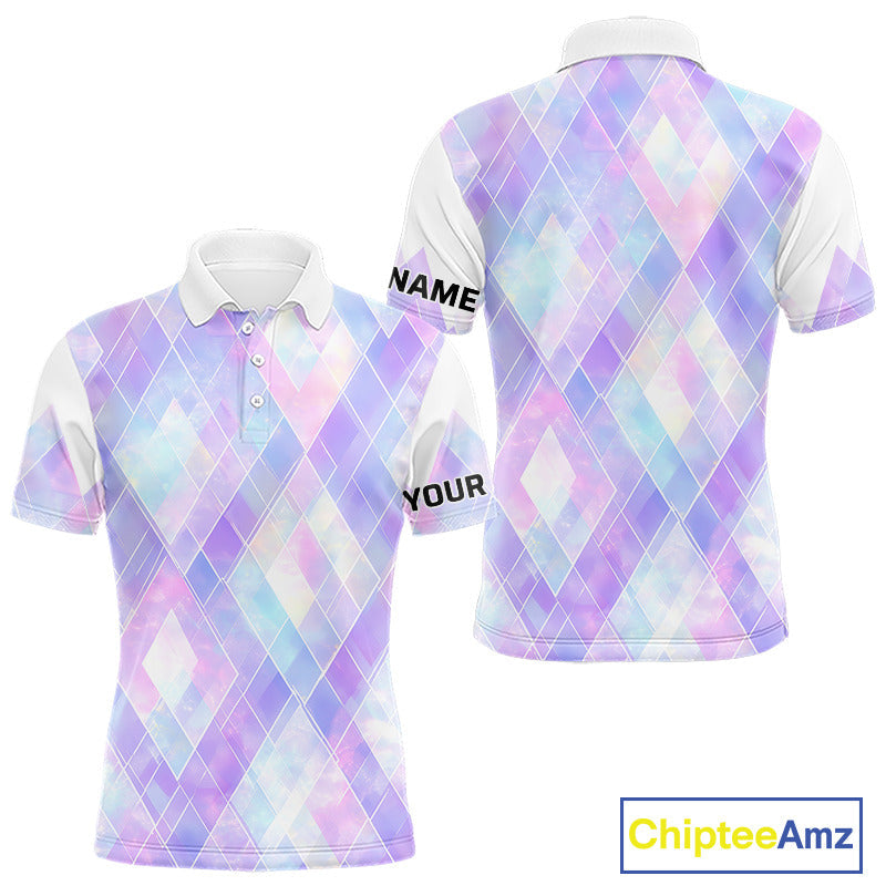 Violet And Blue Square Pattern Golf Polo Shirt Custom Name Golf Tops
