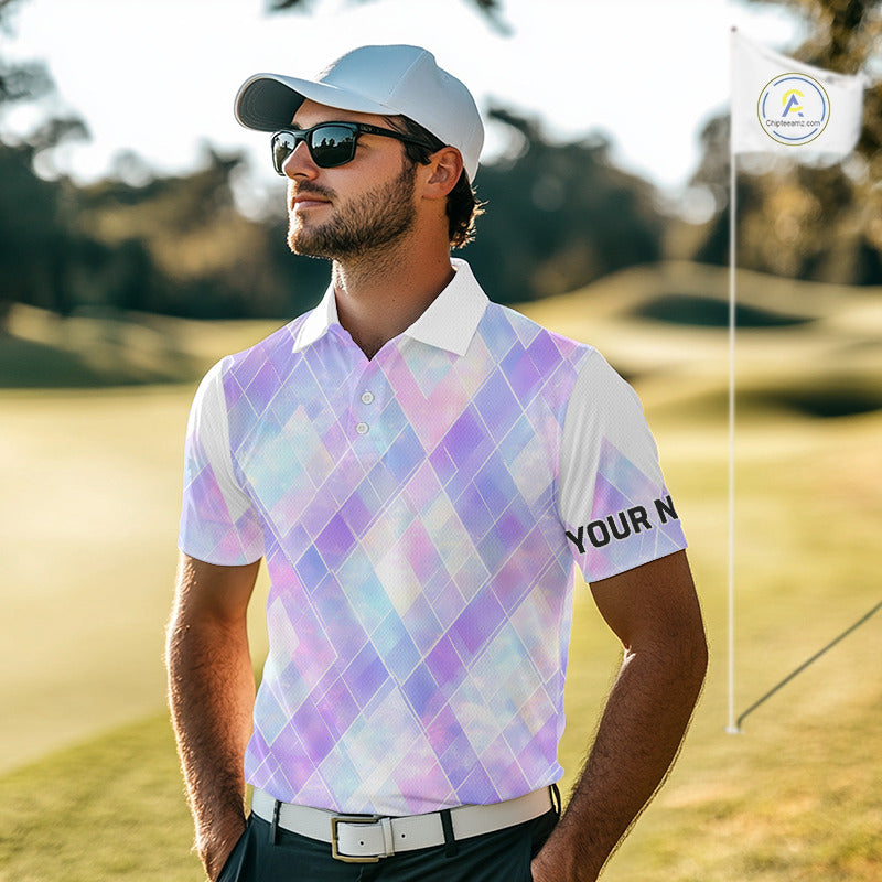 Violet And Blue Square Pattern Golf Polo Shirt Custom Name Golf Tops