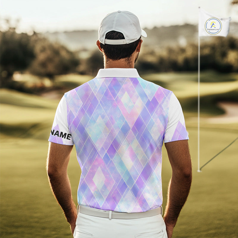 Violet And Blue Square Pattern Golf Polo Shirt Custom Name Golf Tops
