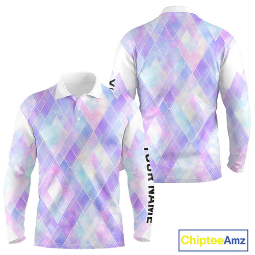 Violet And Blue Square Pattern Long Sleeve Golf Polo Shirt Custom Name Golf Tops