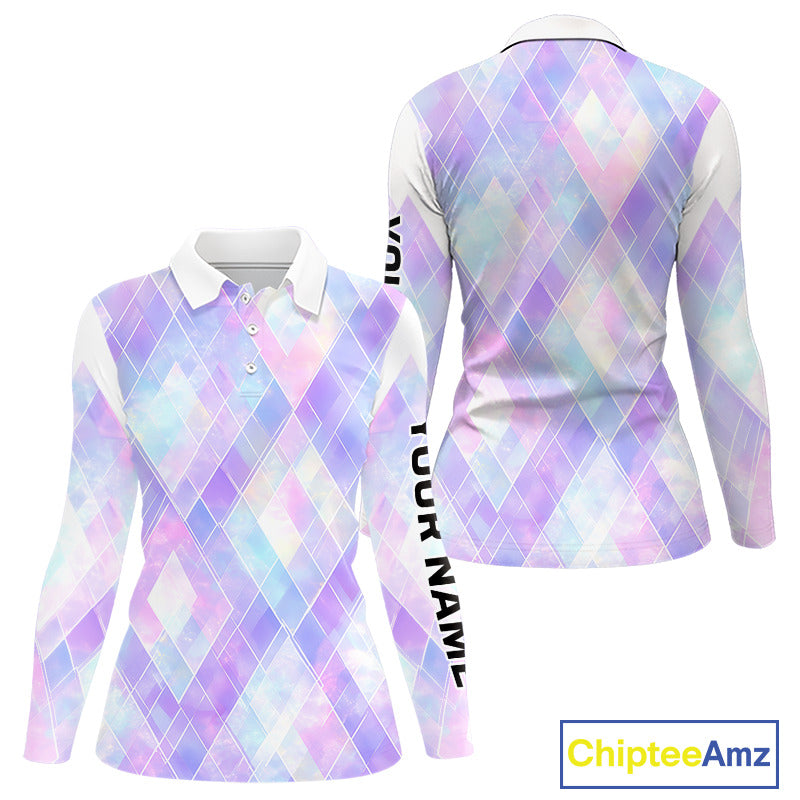 Violet And Blue Square Pattern Long Sleeve Golf Polo Shirt Custom Name Golf Tops