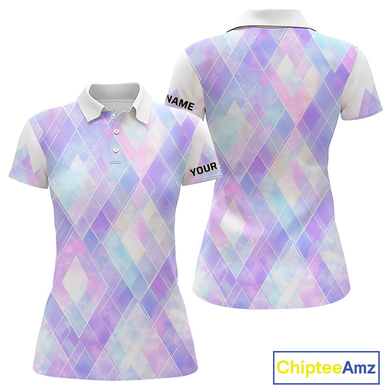 Violet And Blue Square Pattern Golf Polo Shirt Custom Name Golf Tops