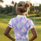 Violet And Blue Square Pattern Golf Polo Shirt Custom Name Golf Tops