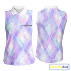 Violet And Blue Square Pattern Sleeveless Golf Polo Shirt Custom Name Golf Tops