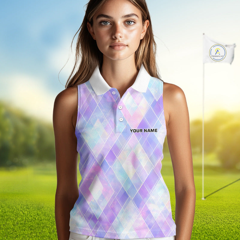 Violet And Blue Square Pattern Sleeveless Golf Polo Shirt Custom Name Golf Tops